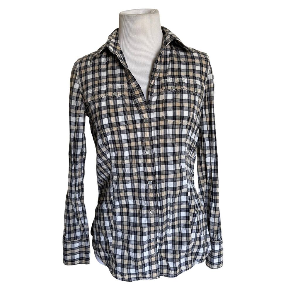 Y2K Banana Republic Western Plaid Pearl Snap Fitted Cowboy Shirt Cotton